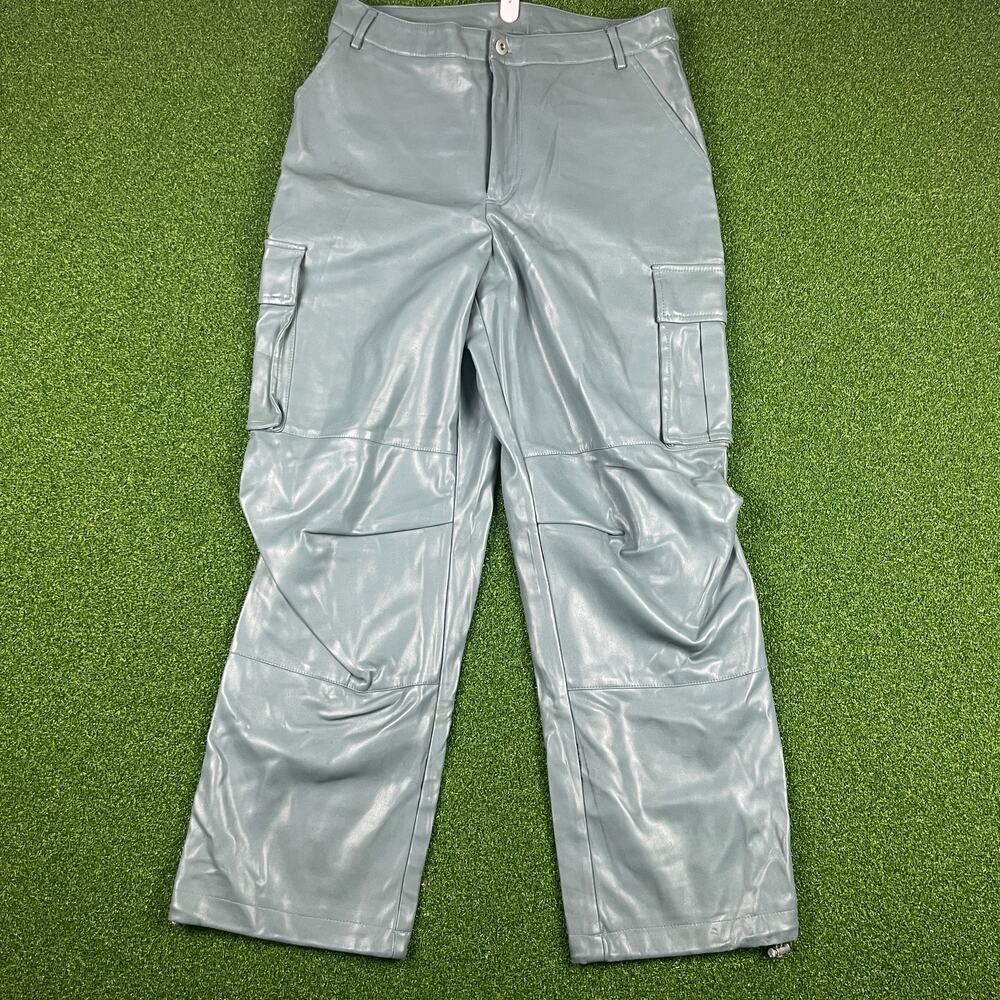 7 For All Mankind Sage Green Faux Leather Cinch Hem Straight Cargo Pants Sz M